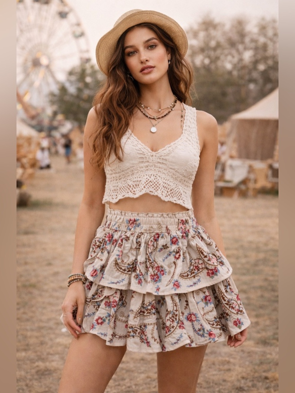 Mi Ami Francesca’s Tiered Ruffle Mini Skirt M Paisley Boho Elastic Waist A5